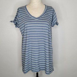 Left Of Center Anthropologie Top Womens Sz Medium Blue Striped Tie Short Sleeve